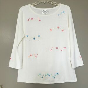 QVC Stitches in Time Knit Top Womens Size Small White Stitched Flowers Embellish
